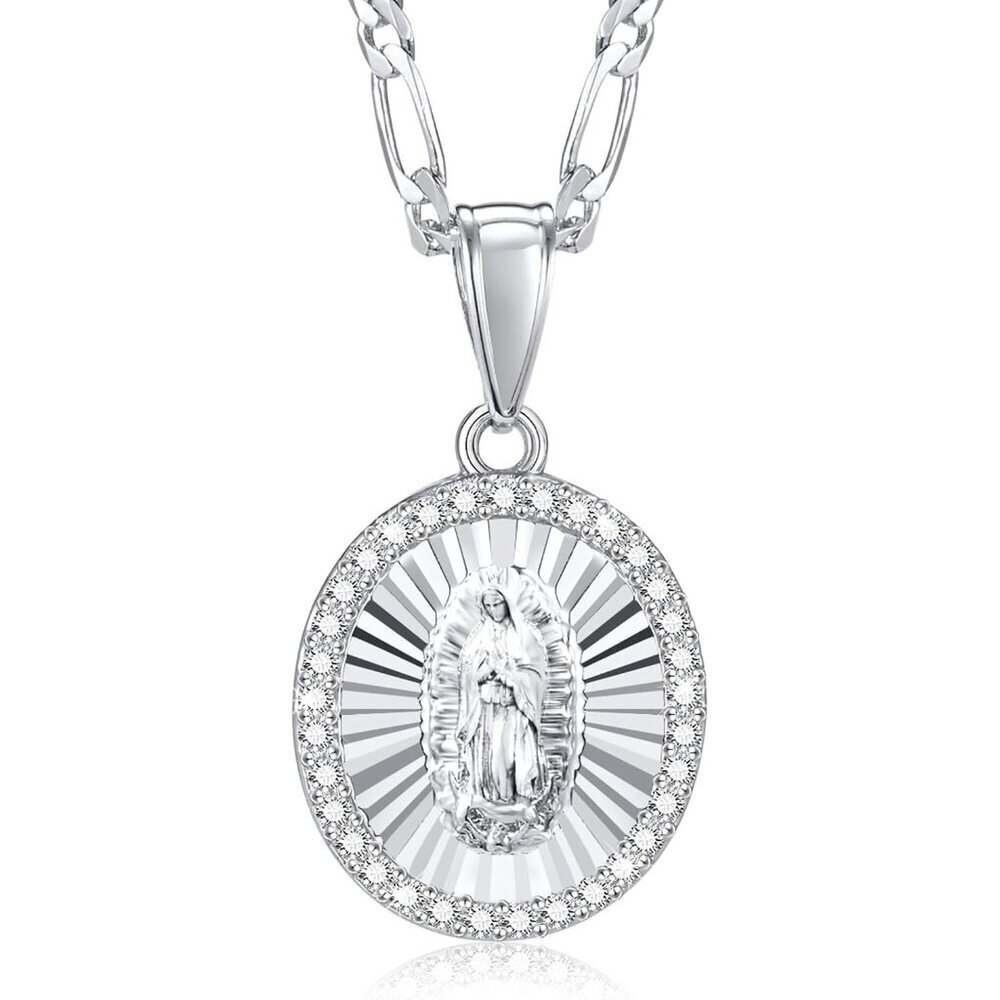 Catholic Virgin Mary Necklace 14K Silver Round Zirconia Guadalupe Pendant Women